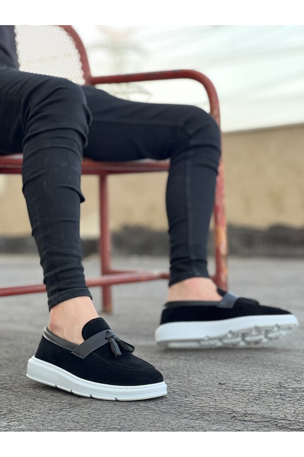 Laceless Tasseled Men's Shoes Black Suede (White Sole)