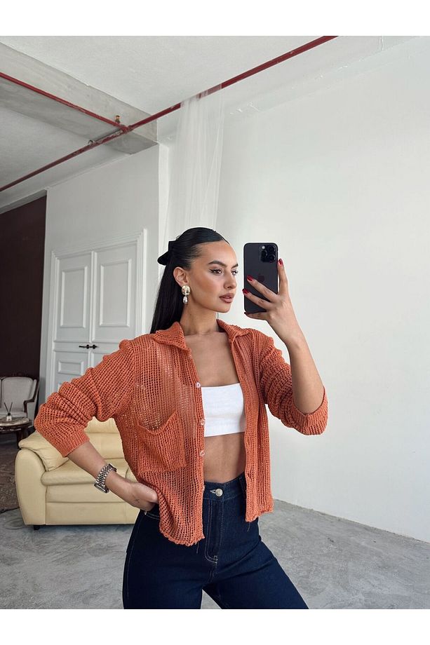 Elena Triko Ajur Hırka Kiremit - 4