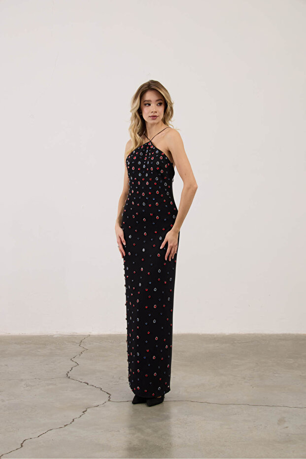 Kırmızı Mavi Taşlı Uzun Elbise - 2