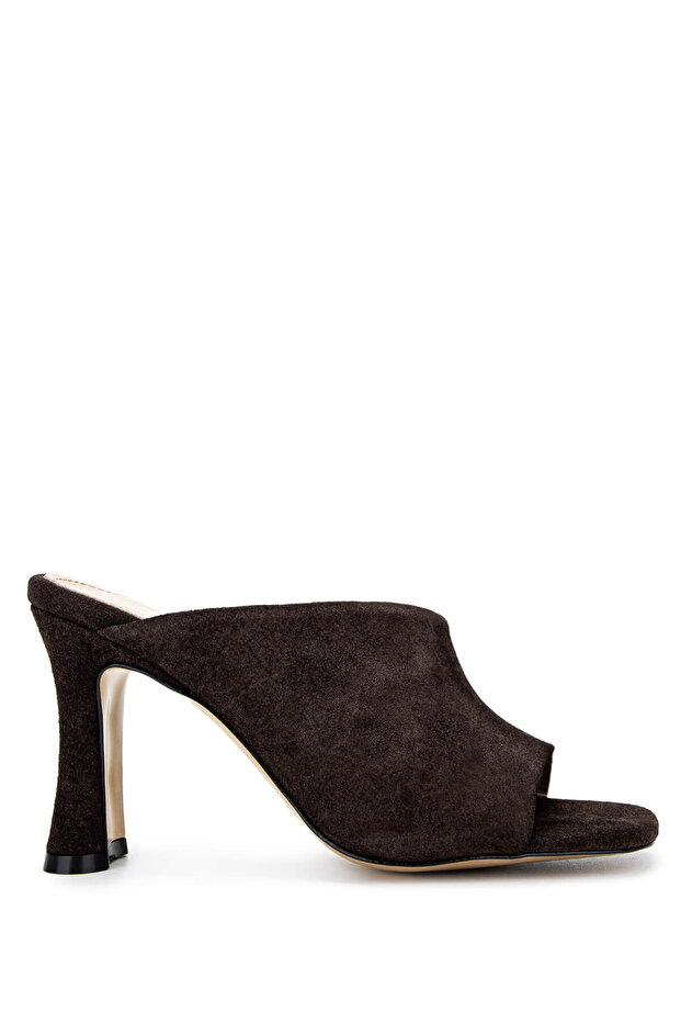 Women's Genuine Leather Brown Suede Heeled Slippers