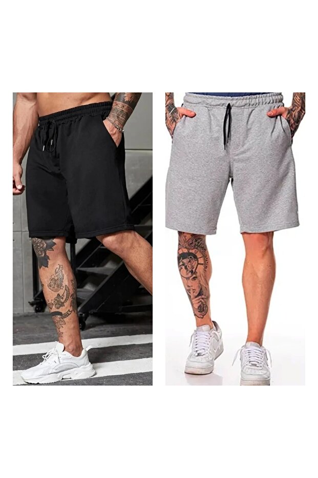 Men's Black-Grey Regular Fit Pocket Shorts Large Size Combed Cotton Fabric Pack of 2