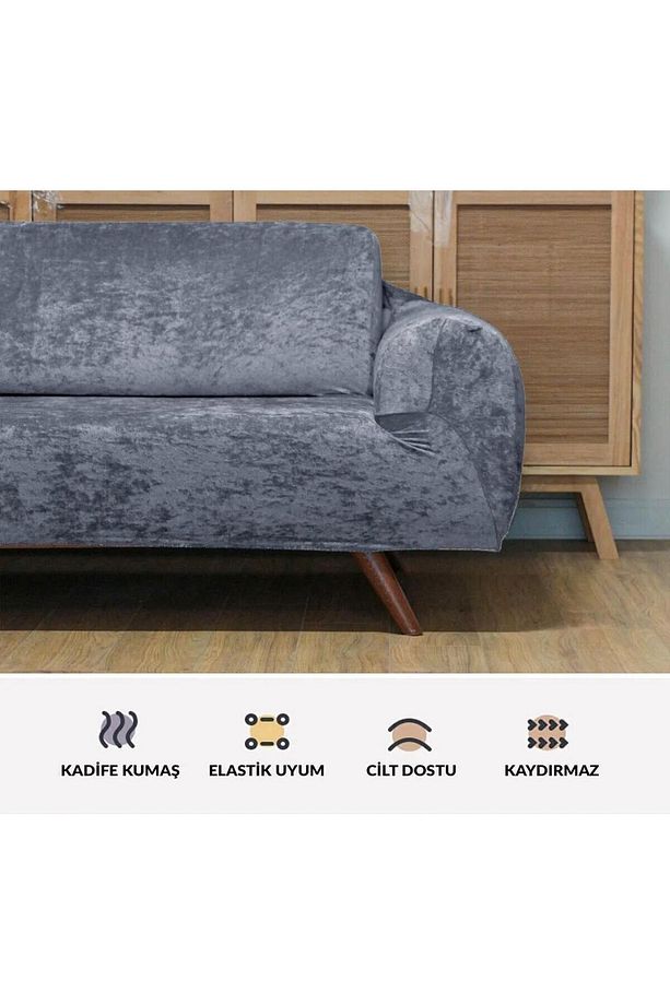 Geçirmeli Lastikli Kadife Koltuk Örtü Seti 3+3+1+1 - 4