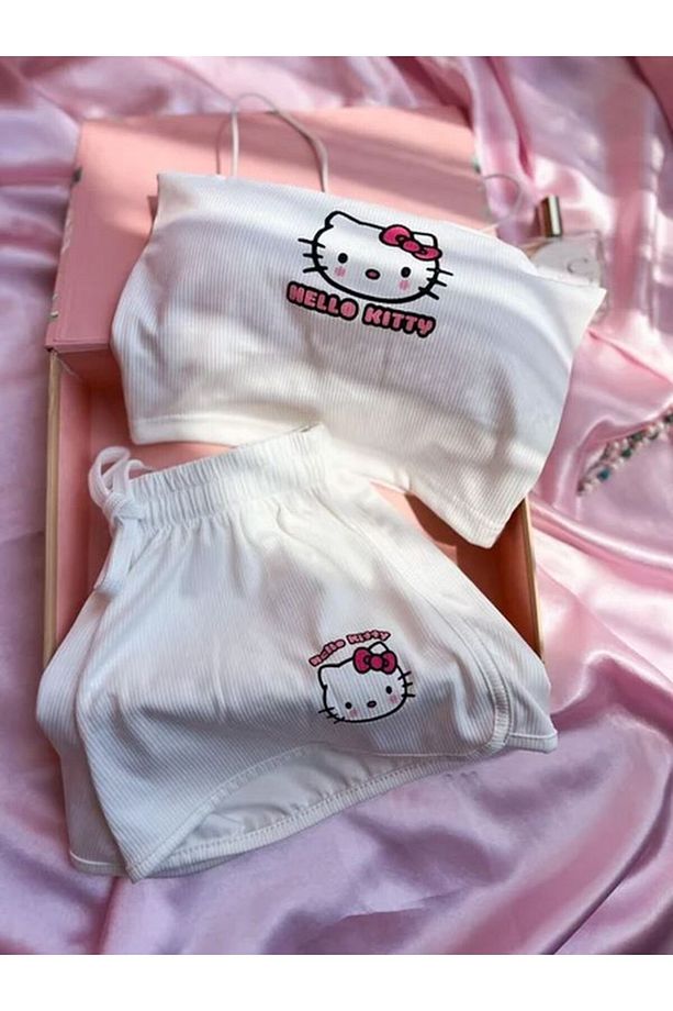 Hello Kitty %100 Pamuk Kaplı Üst Şortlu Pijama Takımı - 1