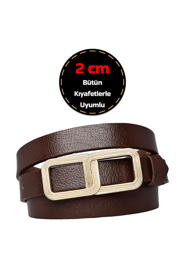 100% Genuine Leather, 2 cm Dark Brown Women's Belt with Gold Color Buckle; Dress, Trouser Belt_Glasses