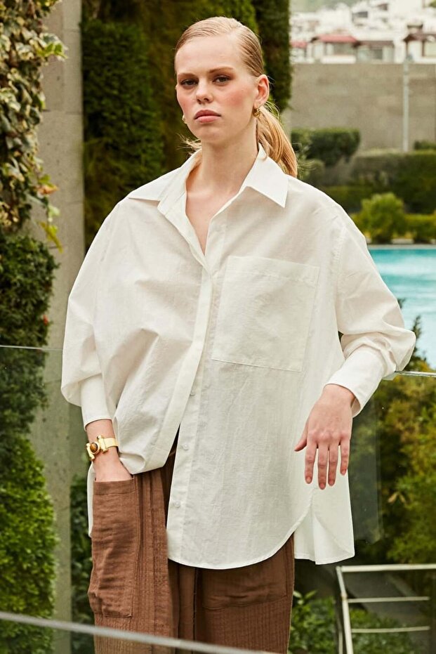 Oversize Cepli Gömlek Beyaz - 1