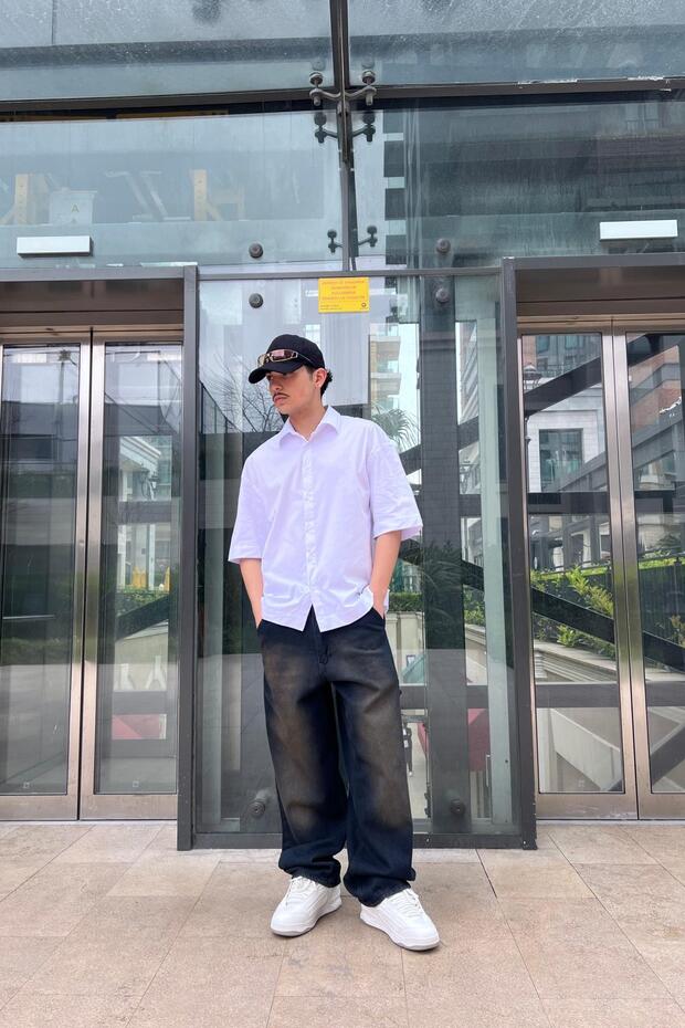 Beyaz Oversize Basic Kısa Kol Gömlek - 7