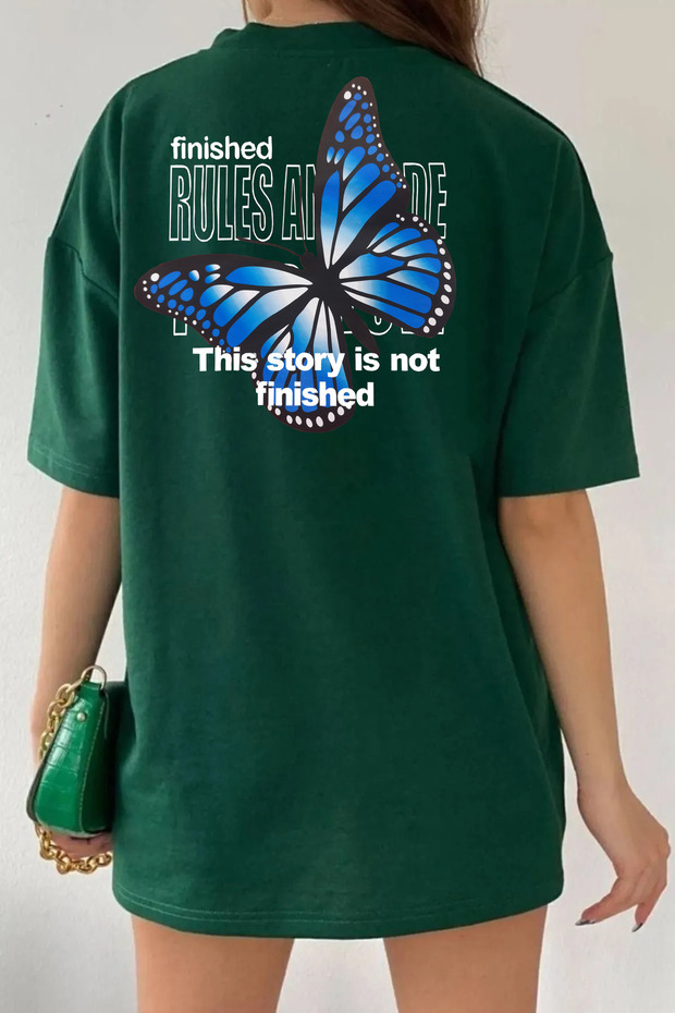 Unisex Blue Butterfly Printed Relaxed Cut Green T-Shirt