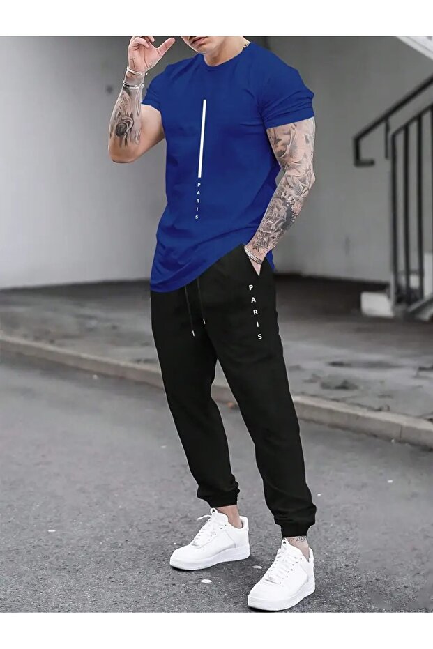 Vertical Printed Paris Printed Tracksuit Set Jogger - Oversize Tshirt