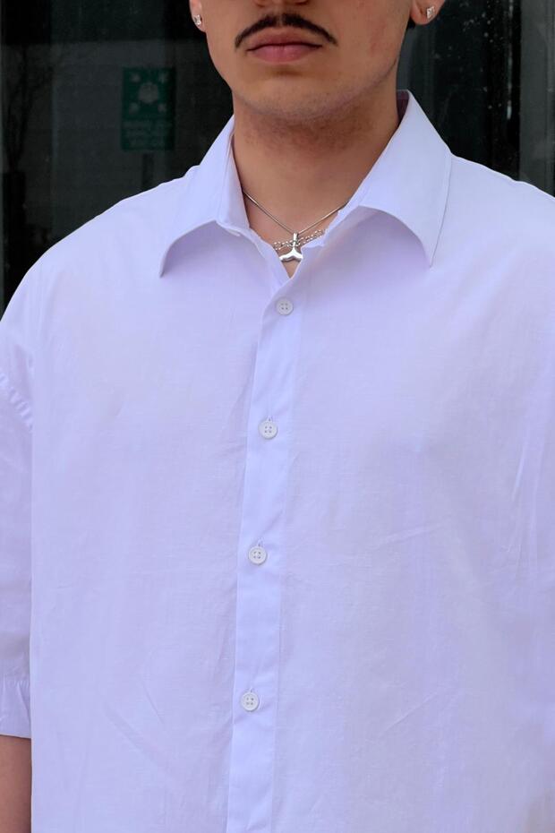 Beyaz Oversize Basic Kısa Kol Gömlek - 4