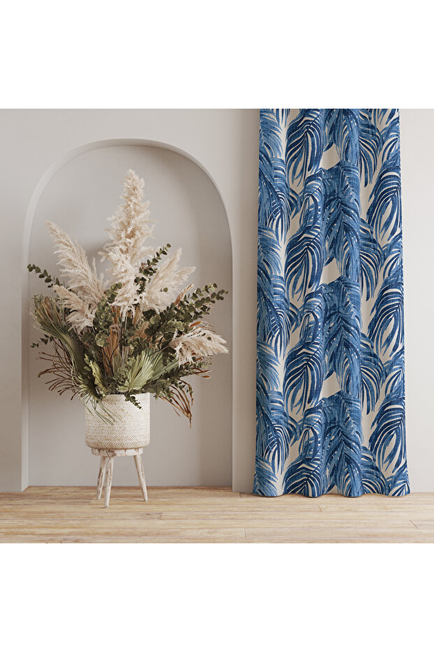 Blue & White Tropical Leaf Pattern Background Curtain – Spacious and Stylish Decoration 140X260 cm Single Wing