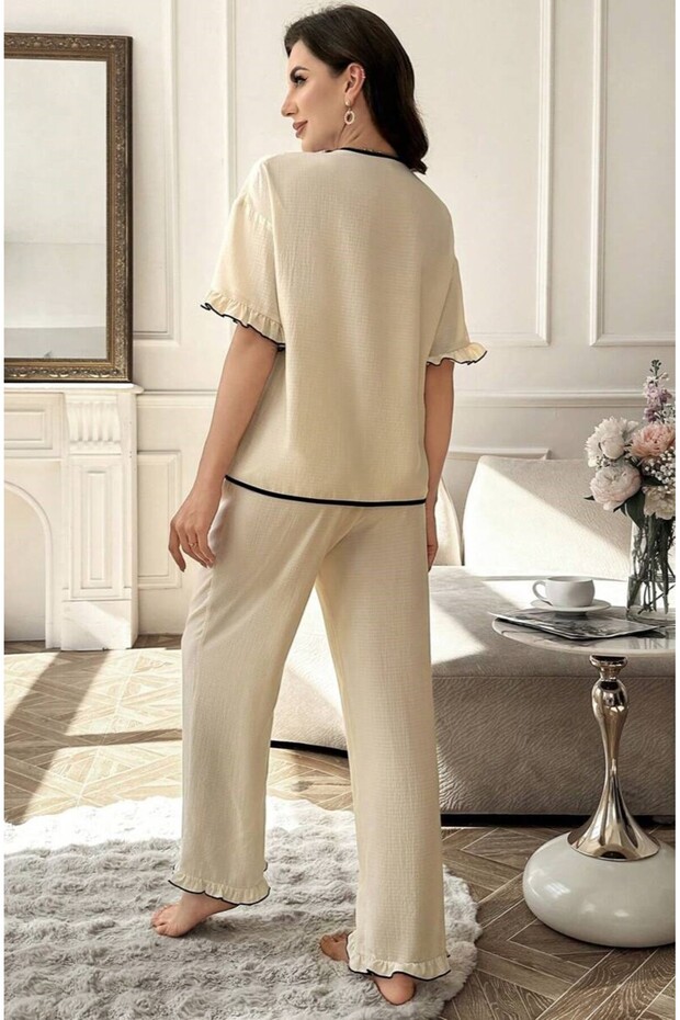 Rövid ujjú masni részletesen gombos pizsama szett - 6