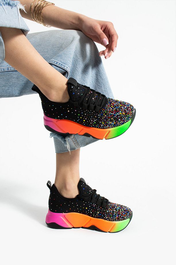 Günlük Siyah-multi Taş DetaylıKadın Sneaker Bağcıklı Triko Esnek Hafif Yürüyüş Spor Ayakkabı - 1