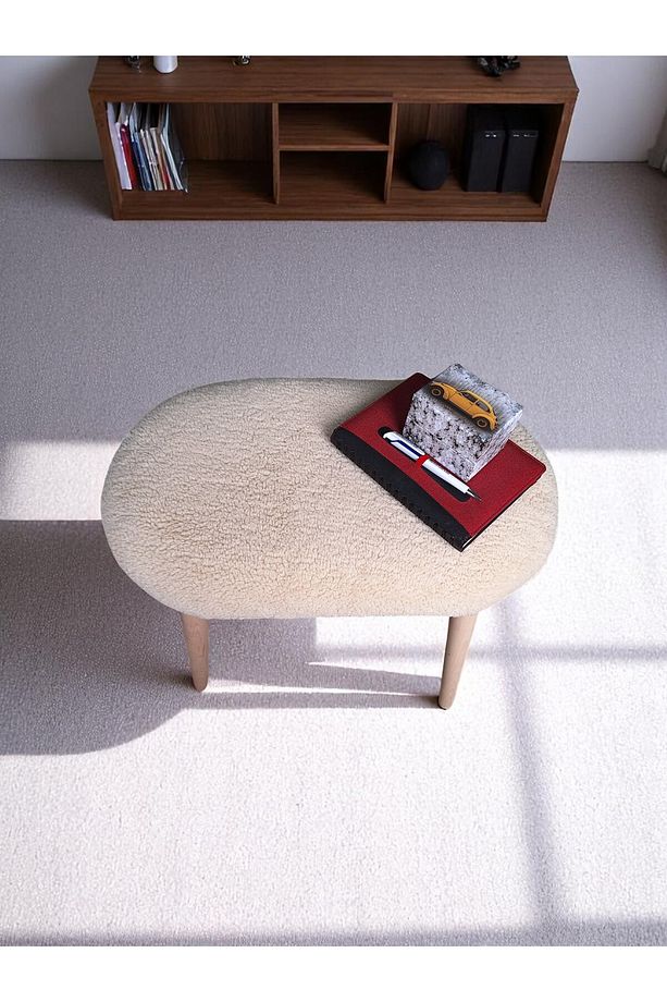 Minimalist Teddy Kumaş Tabure, Ahşap Ayaklı Tabure, Salon, Ofis, Makyaj Masası, Yemek Masası - 3