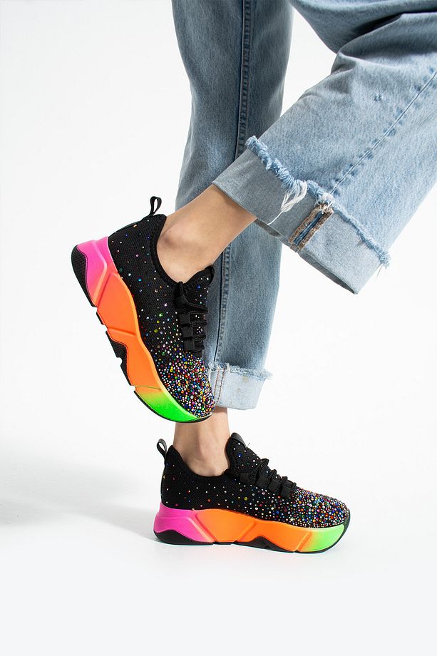 Günlük Siyah-multi Taş DetaylıKadın Sneaker Bağcıklı Triko Esnek Hafif Yürüyüş Spor Ayakkabı - 3
