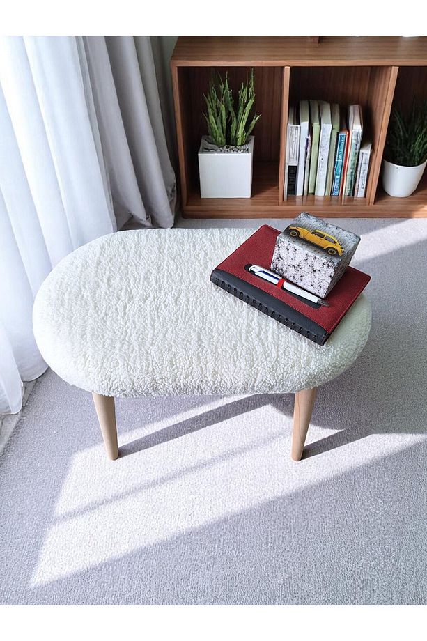 Minimalist Teddy Kumaş Tabure, Ahşap Ayaklı Tabure, Salon, Ofis, Makyaj Masası, Yemek Masası - 3