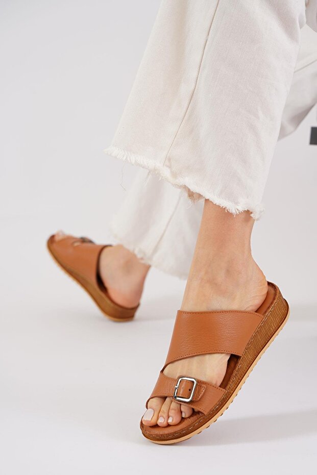 Sedert Buckle Genuine Leather Women's Slippers Tan Skin
