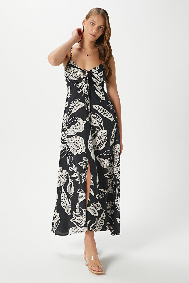 Women's Greta Black Ecru Strappy Viscose Long Dress