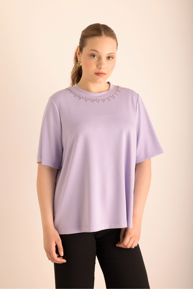 Yakası İşlemeli Örme Kısa Kollu Bluz - 4