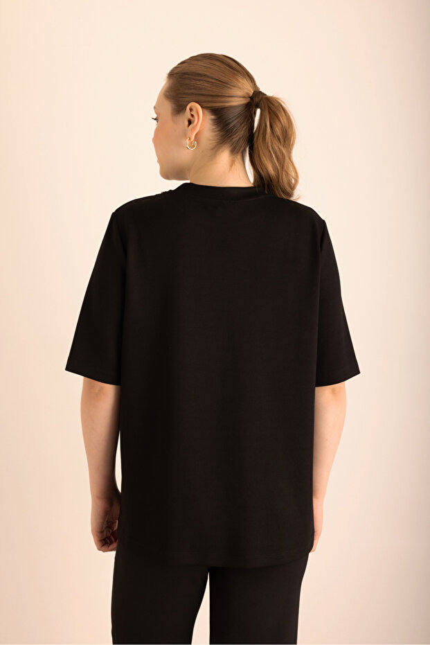 Yakası İşlemeli Örme Kısa Kollu Bluz - 5