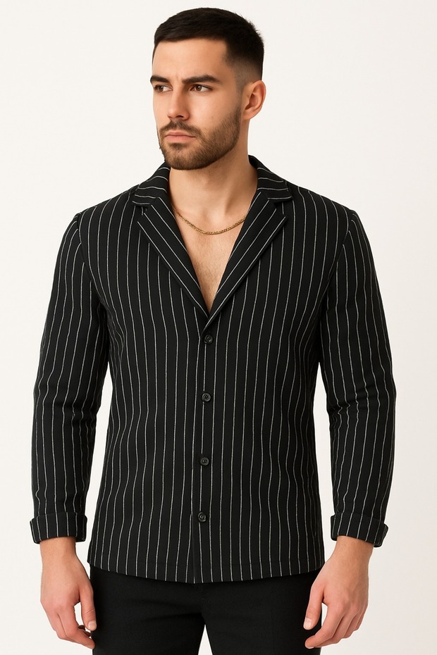 Men's Black Striped Zr Crepe Long Sleeve Shirt