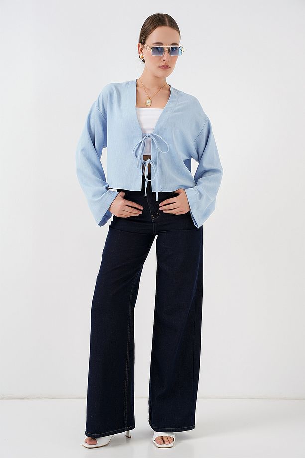 Önü Bağlamalı Keten Kimono 960 - Mavi - 2