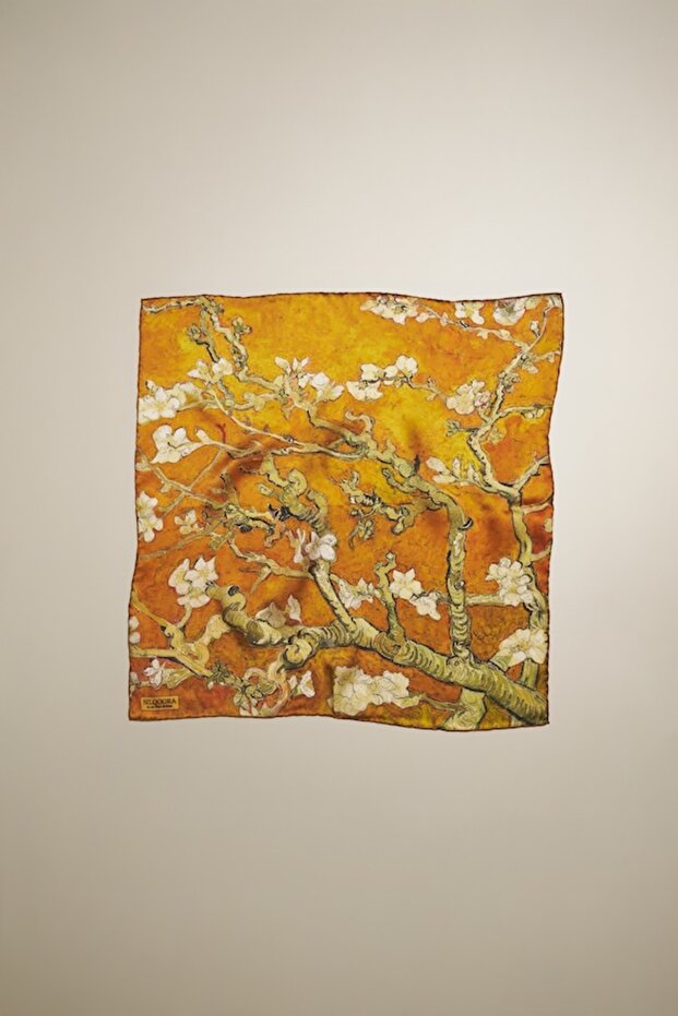 100% Silk Bandana Scarf (55X55 cm)- Vincent Van Gogh (Almond Tree Gold)