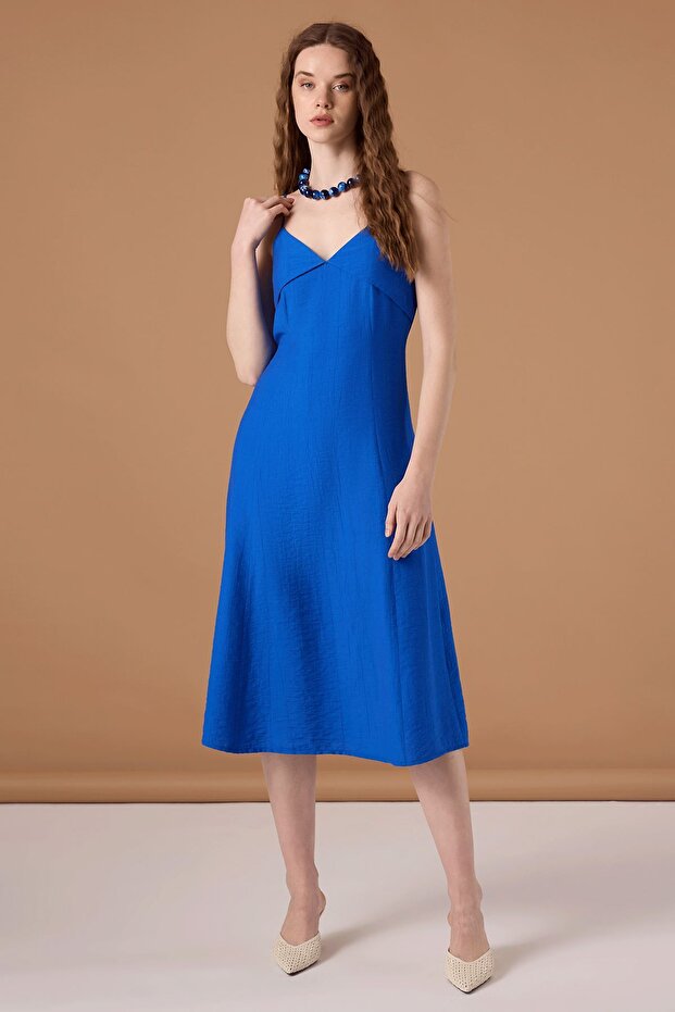 Krinkıl Askılı Elbise Saks - 2