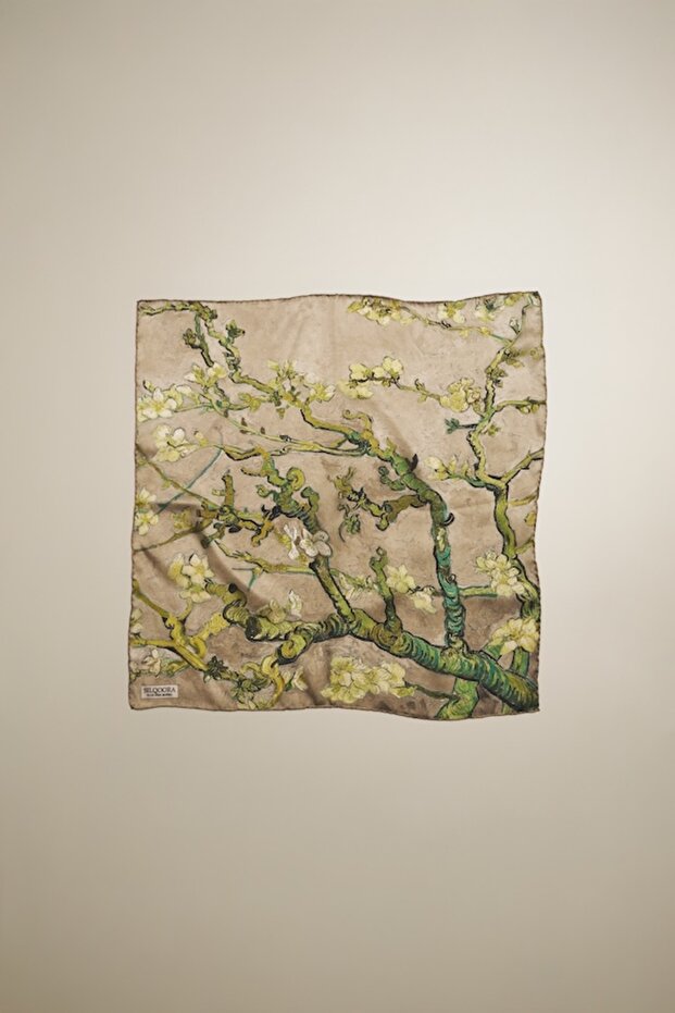 100% Silk Bandana Scarf (55X55 cm)- Vincent Van Gogh (Almond Tree Khaki)