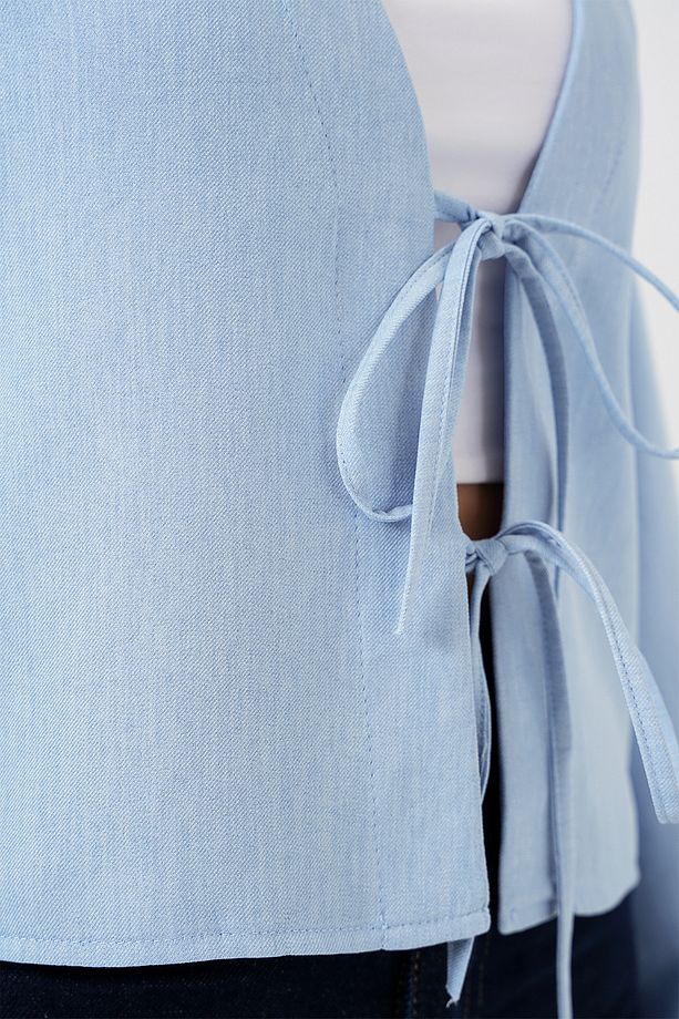 Önü Bağlamalı Keten Kimono 960 - Mavi - 5