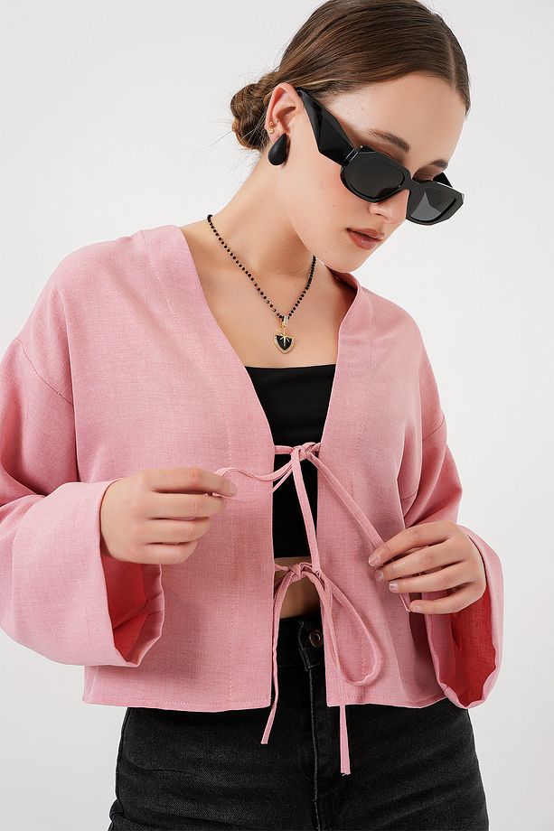 Önü Bağlamalı Keten Kimono 960 - Pudra - 1
