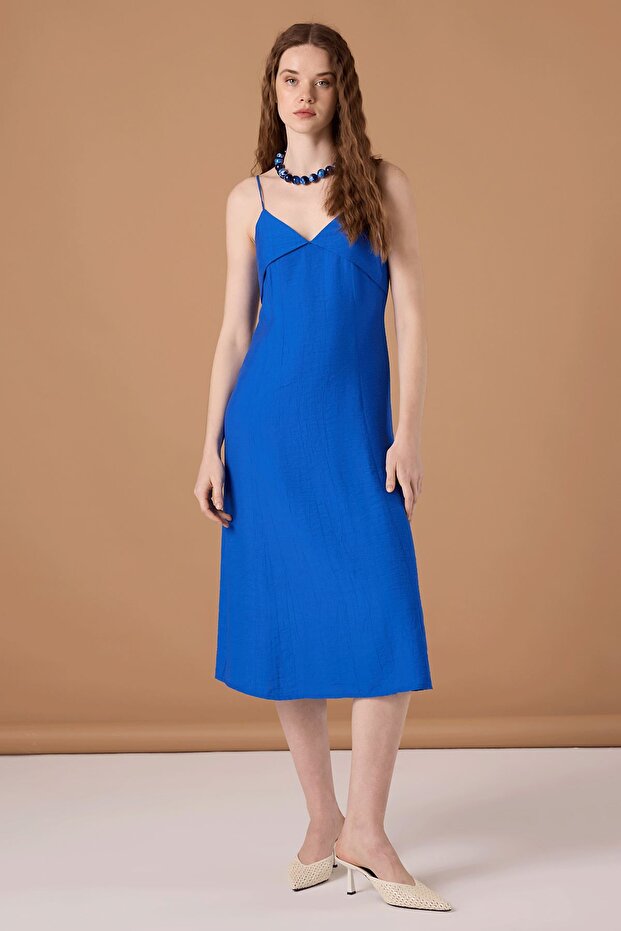 Krinkıl Askılı Elbise Saks - 3