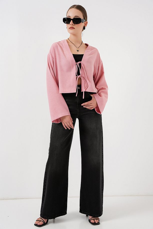 Önü Bağlamalı Keten Kimono 960 - Pudra - 2