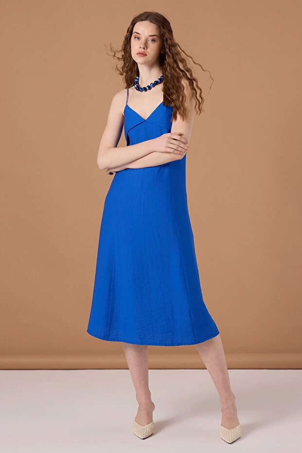 Krinkıl Askılı Elbise Saks - 1