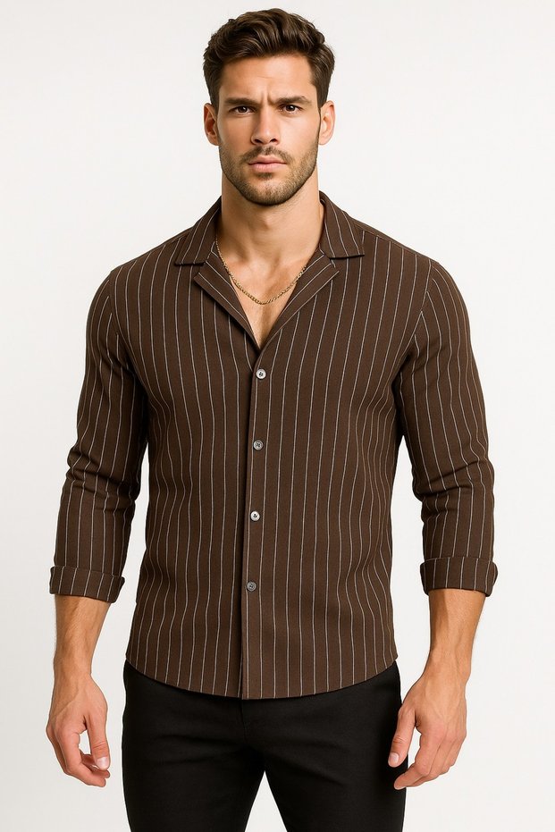 Men's Brown Striped Zr Crepe Long Sleeve Shirt