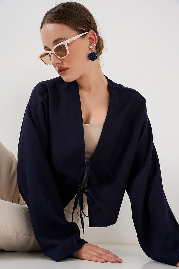 Önü Bağlamalı Keten Kimono 960 - Lacivert - 3