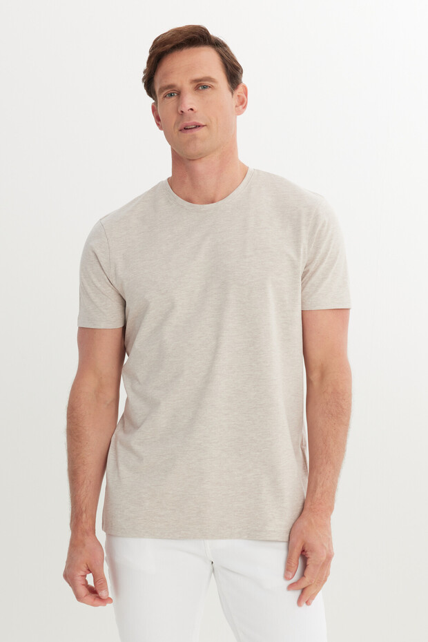 Men's Beige Melange 360 Degree Stretching All Directions Slim Fit Crew Neck T-Shirt