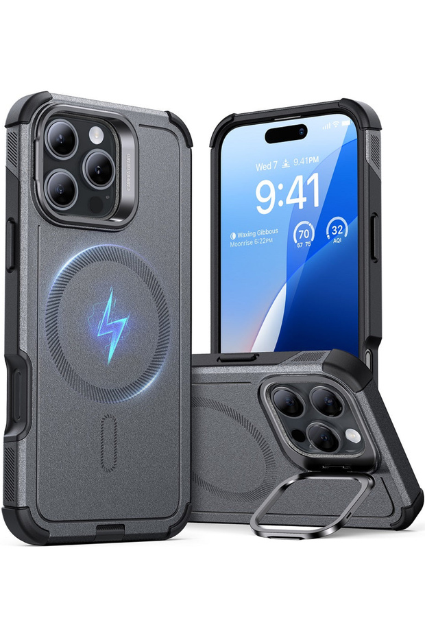 iPhone 16 Pro Compatible Case Cyber Tough Halolock Silicone with Magsafe Stand - Gray