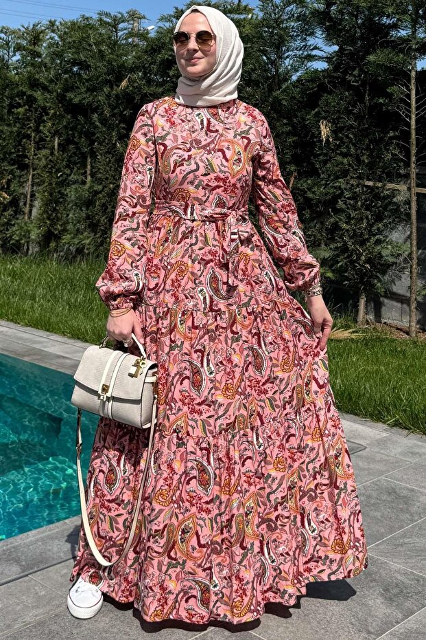 Shawl Patterned Dress Salmon