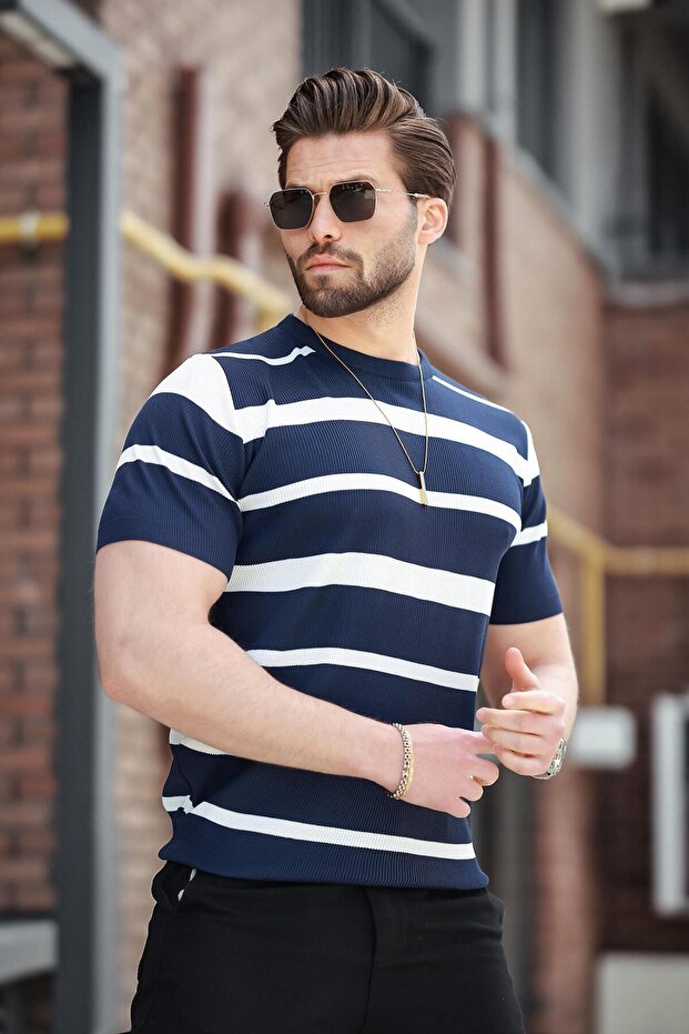 Navy Blue Striped Crew Neck Knitwear T-Shirt E7414