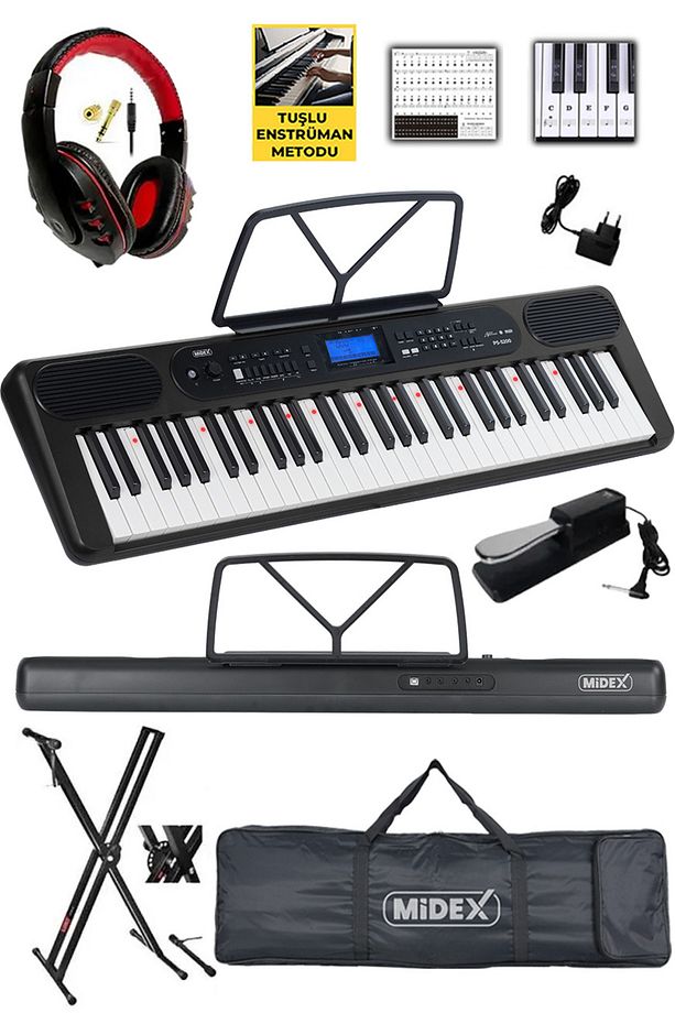 PS-5200BK-HSS Pro Org 61 LED Işıklı Tuş Hassasiyetli Bluetooth Midi Kulaklık Stand Sustain - 1