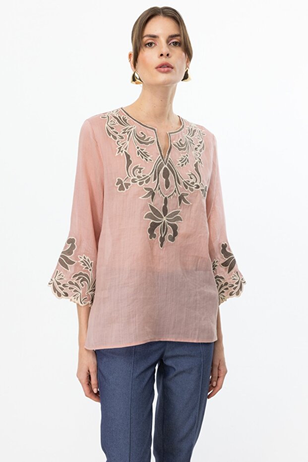 Önü İşlemeli Keten Bluz - 2