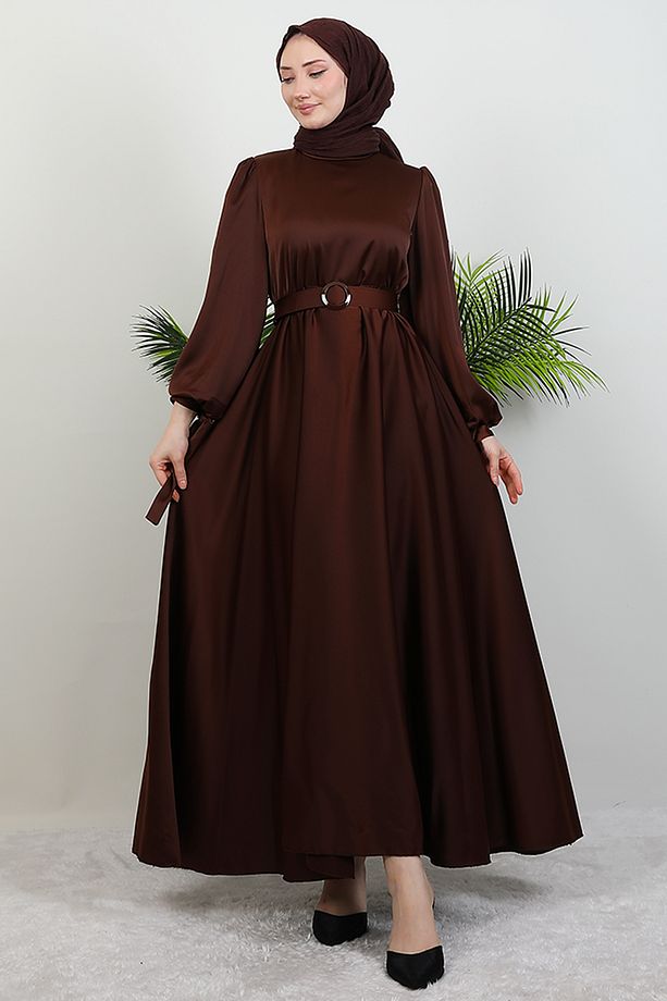 Saten Kemerli Elbise Acı Kahve - 3