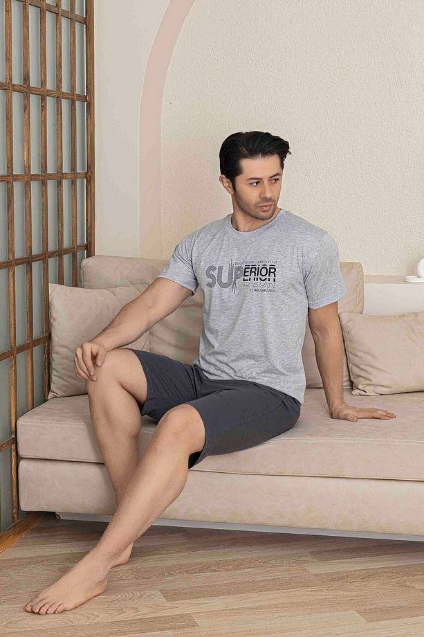 Erkek Gri Kısa Kol Şort Penye Pijama Takımı - 1
