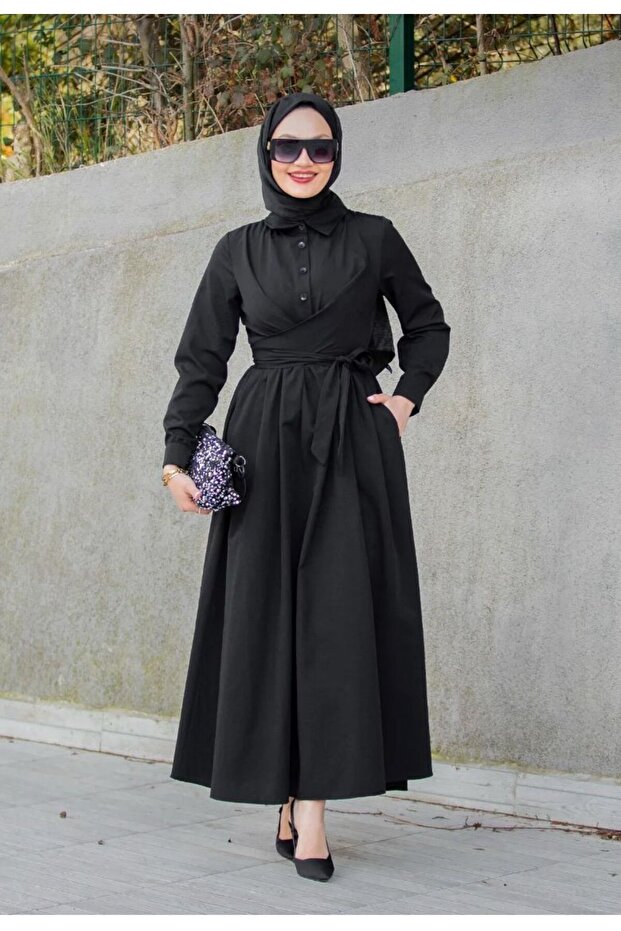 فستان مزين بأزرار نصف رقعة - 1