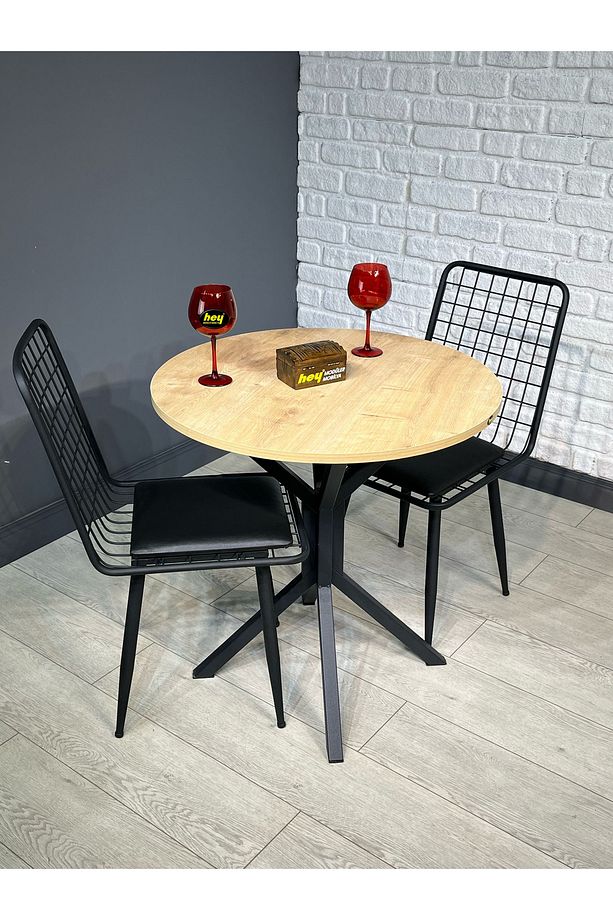 Nisa Safir Meşe Yuvarlak Mutfak Masası Yemek Masası Metal Siyah Ayak 70 Cm - 4