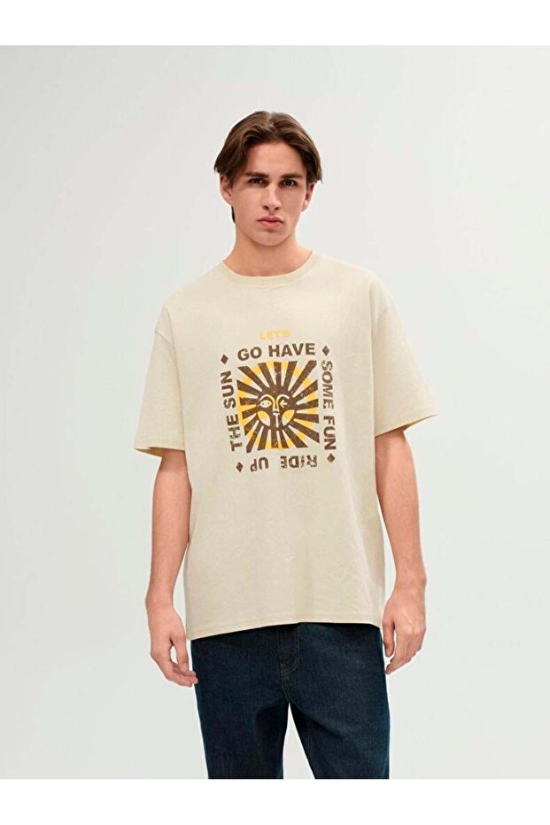 Basıc Baskılı Sıfır Yaka Loose Bej T-shırt - 4