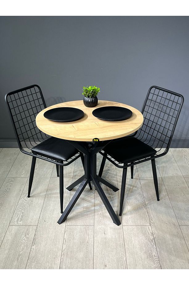Nisa Safir Meşe Yuvarlak Mutfak Masası Yemek Masası Metal Siyah Ayak 70 Cm - 3