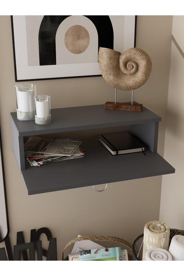 Gri Duvara Monte Dresuar | Halka Kulplu Tek Kapaklı %100 MDF Konsol (60cm) | Şık ve Modern Dekoratif - 3