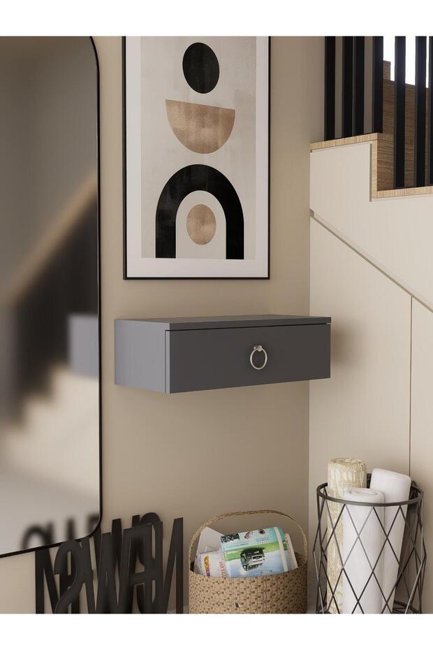 Gri Duvara Monte Dresuar | Halka Kulplu Tek Kapaklı %100 MDF Konsol (60cm) | Şık ve Modern Dekoratif - 2