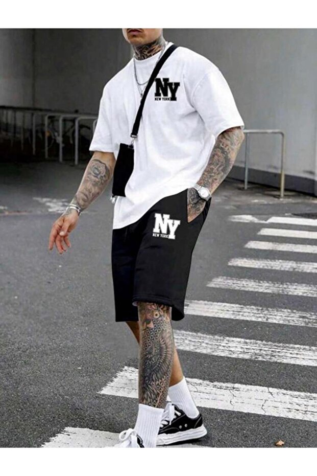 Oversize Crew Neck Bottom Top T-Shirt Shorts Ny New York Printed Double Set